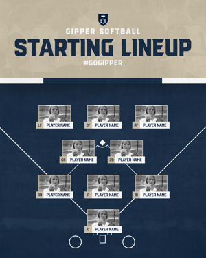 Gipper starting lineup template for baseball and softball, showcasing a diamond with space for 9 player photos, names and numbers. Color scheme is beige and blue. 