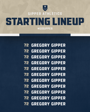 Gipper starting line up graphic template showcasing "Starting Lineup" title text, with a list of 11 player names and numbers. Color scheme is beige and navy. 