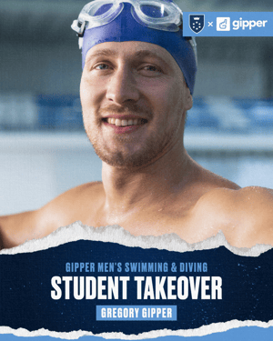 Gipper's Student Takeover graphic template showing a photo of a male swimmer smiling into the camera with a blue border around the photo that includes a "Student Takeover" banner