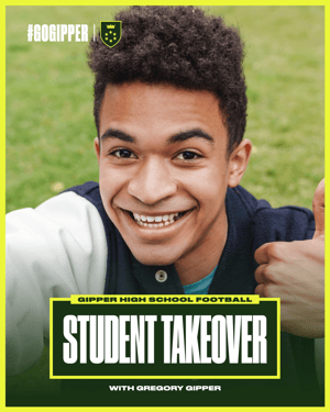 Gipper's Student Takeover graphic template showcasing a young boy smiling into the camera, with a yellow border around the photo, a Student Takeover text box, and logo