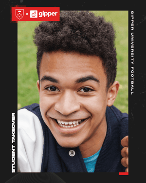 Gipper's Student Takeover graphic template featuring a black frame that says "student takeover" with a photo of a young boy smiling 