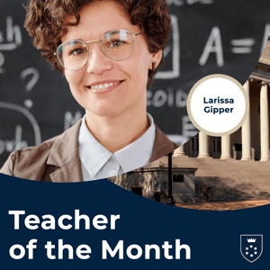 Gipper Teacher of the Month graphic template showcasing photo of a young female teacher smiling into the camera