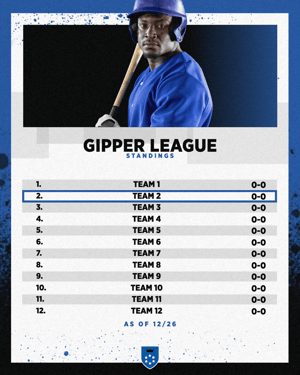 Gipper league standings graphic template, featuring 12 rows for individual teams with league ranking and team record. Also includes photo of a young male baseball player set against a blue and white color scheme