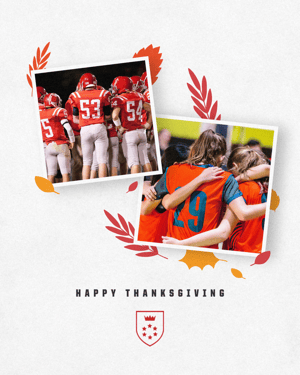 Gipper's Happy Thanksgiving graphic template showcasing two photos of football athletes in a huddle and some fall leaf decoration