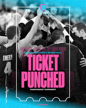 Gipper's "ticket punched" graphic template showcasing men's basketball team in a hundle, with a white outline of a ticket stub around them. Title text is "Ticket Punched" and color scheme is blue and pink.
