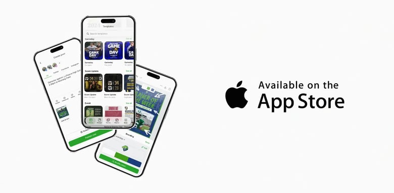 Three iPhone screens showing Gipper templates, post creation, and design editing beside Available on the App Store.