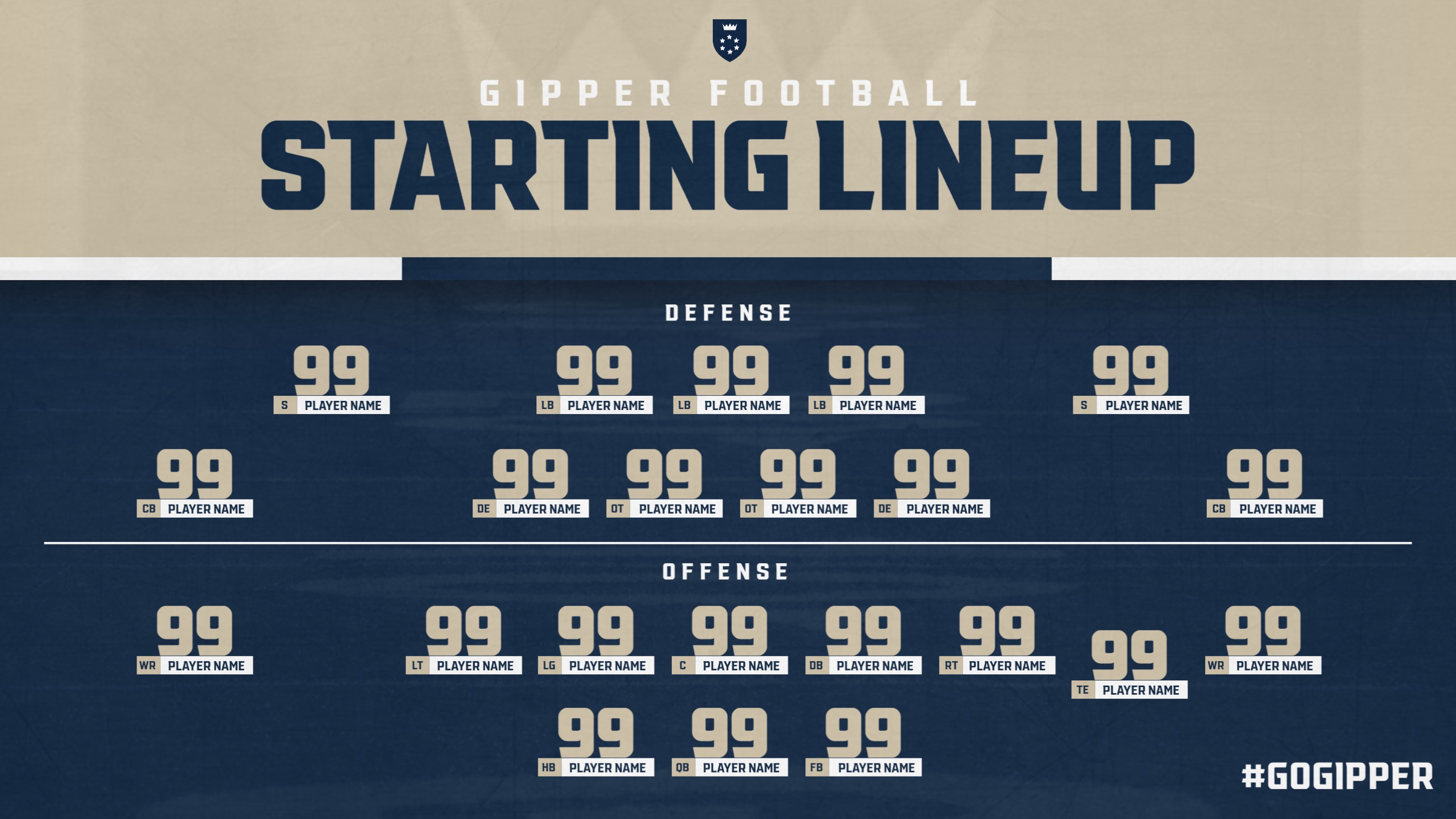 navy & gold football starting lineup graphic showing a depth chart for offense & defense communicating who the football starters are.