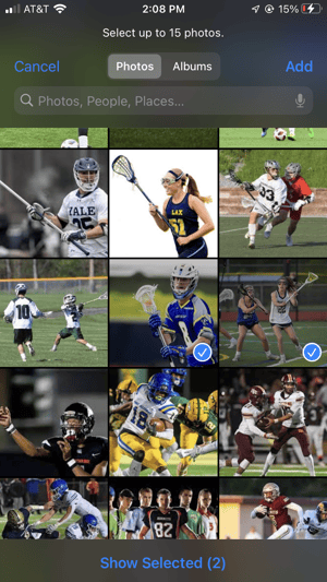 iPhone screen showing photo library of sports action pictures that can be uploaded directly to the Gallery on the Gipper mobile app