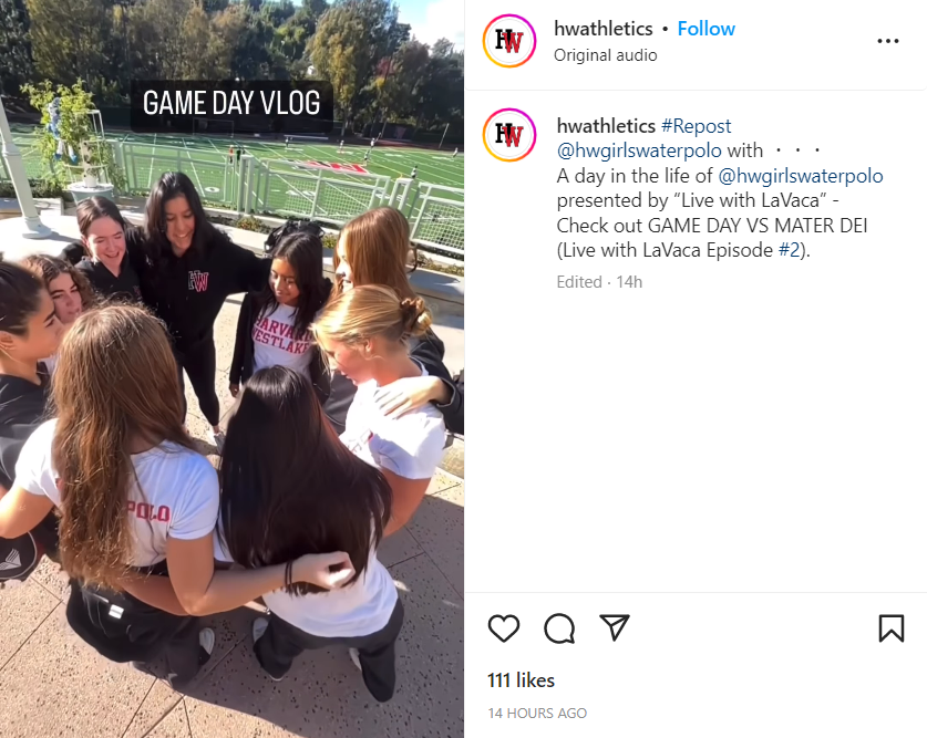 Relatable Content example of Harvard-Westlake girls water polo circled up praying on game day vlog.