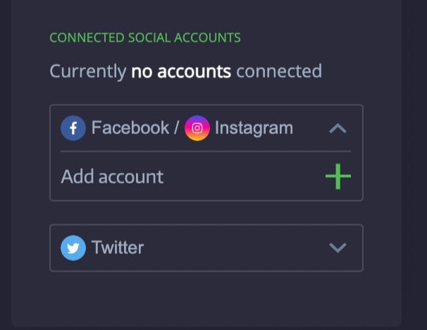 Connected Social Accounts section - Facebook / Instagram close up