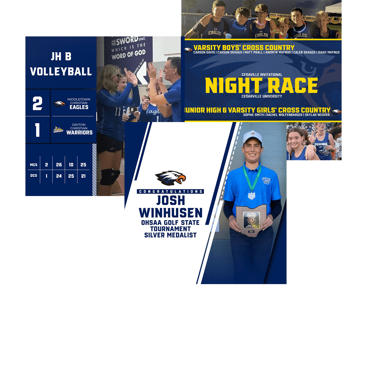 Collage of Social Media Graphics from Middletown Christian Schools that helped increase social media engagement for volleyball, cross country, and golf.