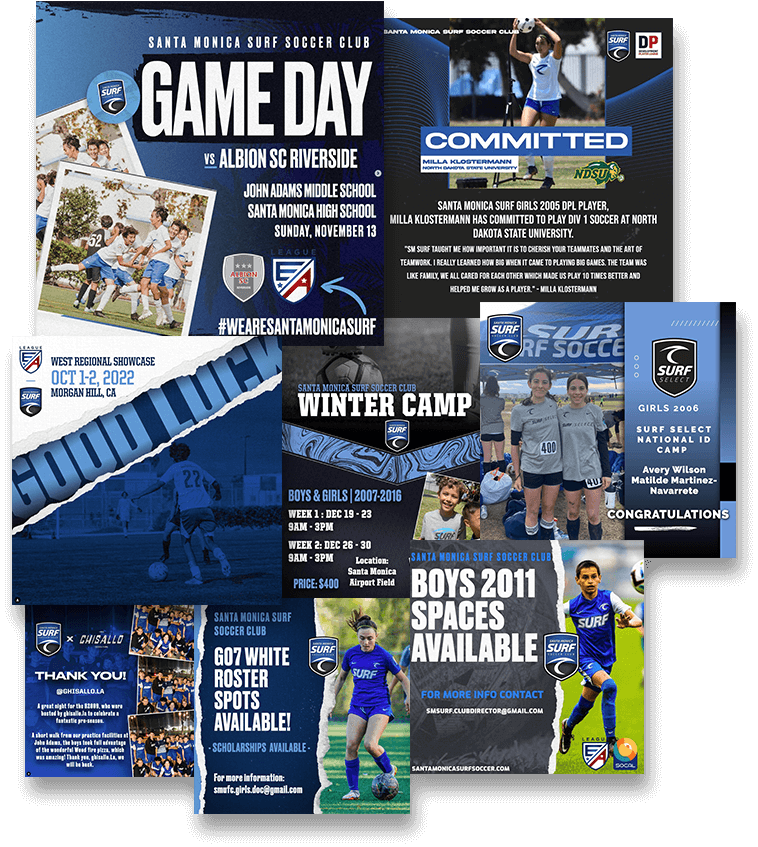 blue collage of club soccer graphics that are promoting Santa Monica Surf club soccer.