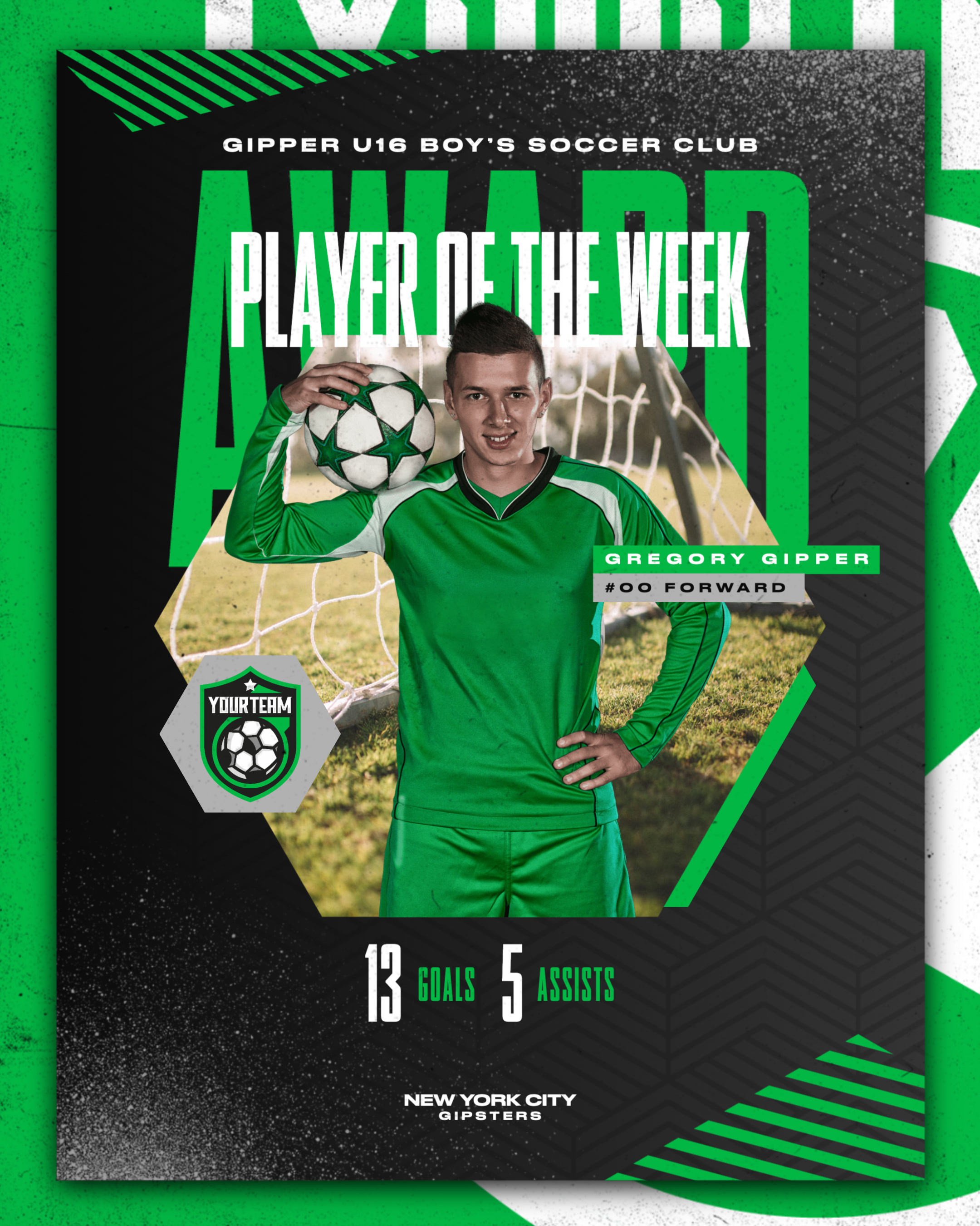 Gipper player of the week award graphic template featuring young male club soccer player with "player of the week" text and game stats