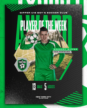 Gipper player of the week template showcasing photo of a young male soccer player, with player of the week award text
