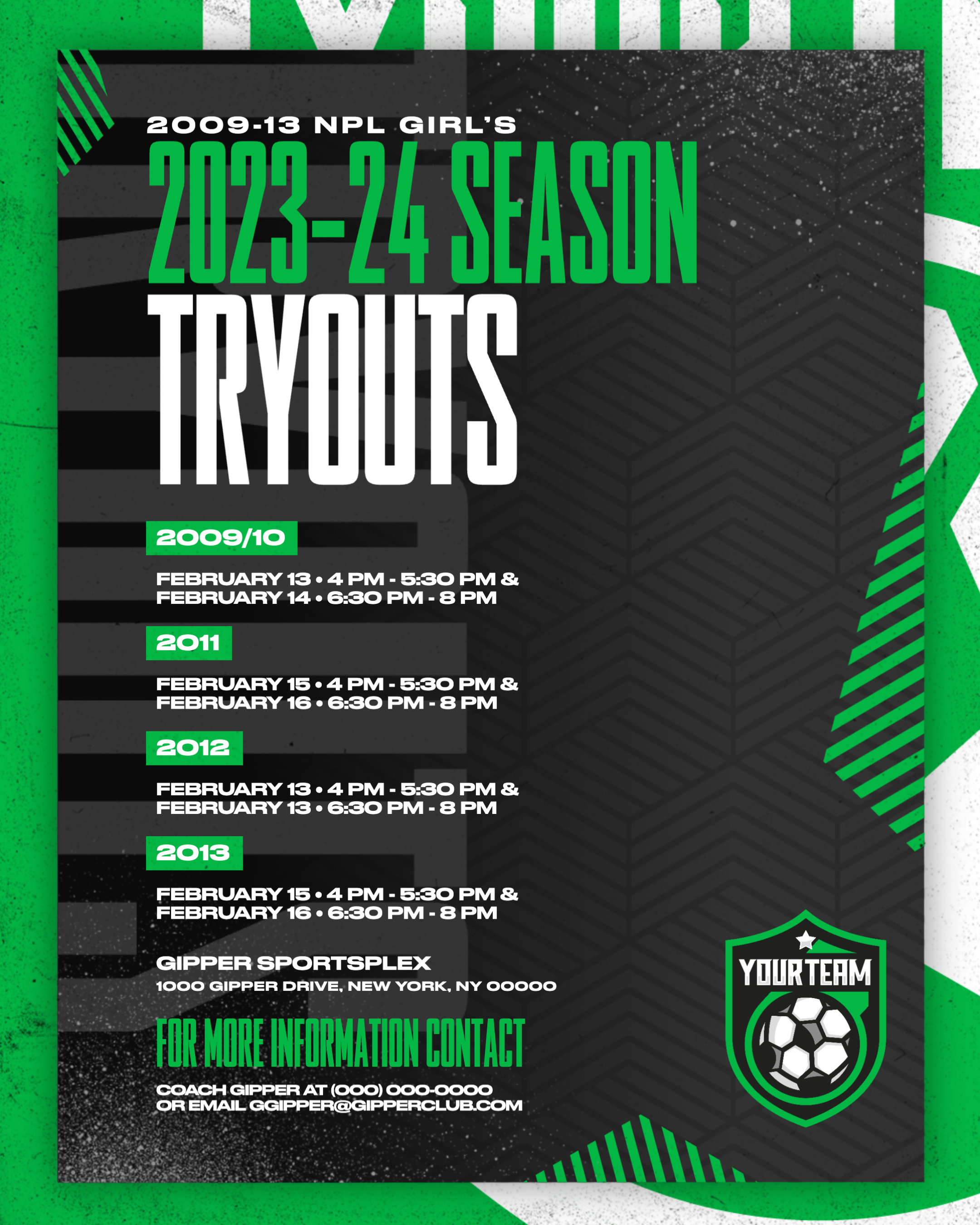 Gipper tryouts graphic template featuring season tryout information broken down by age group