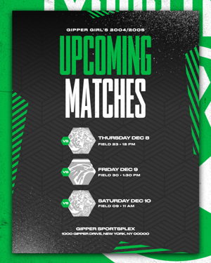 Gipper's upcoming matches graphic template with information on three upcoming matches