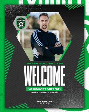 Gipper coach and staff welcome graphic, featuring photo of a male club soccer coach with welcome text