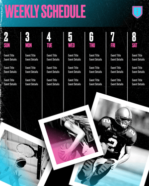 Gipper weekly event schedule graphic template with weekly calendar and polaroid photos of athletes