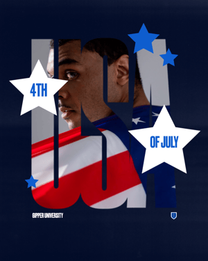 Gipper Fourth of July template with USA text and a photo of a young athlete with flag and star imagery. Red, white, and blue color scheme