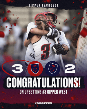 Gipper final score graphic template with picture of two lacrosse players and "Congratulations on upsetting #3 Gipper West" text and a 3-2 scoreboard.
