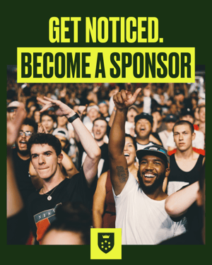 Gipper sponsorship graphic template with text reading "Get Noticed Become a Sponsor" in green and yellow with photo of cheering crowd.