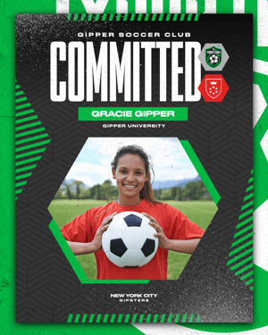 Gipper's athlete commitment graphic showcasing young female soccer player, with committed text and two school logos 