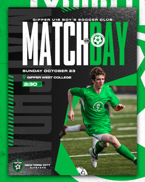 Gipper's Match Day template featuring photo of a young male soccer player, Match Day text, and information about the team and game