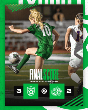 Gipper final score graphic featuring photo of a young female soccer player kicking a ball, with final score text and score bug graphic overlaying
