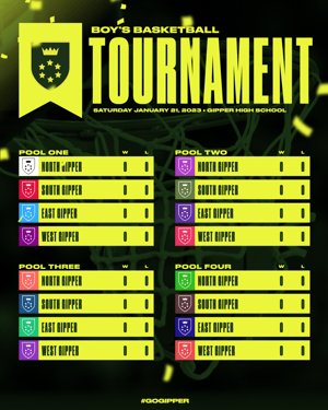 Gipper default tournament graphic template, with "Tournament" text header and four different sections for each pool play and 4 boxes with score results for each team within each pool 