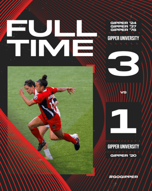Gipper default final score graphic template for soccer, featuring "full time" text, a photo of a young female soccer player in action, and a 3-1 score in bold text