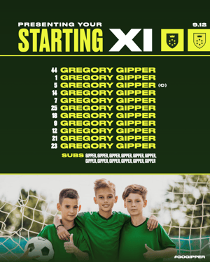 Gipper default starting 11 graphic template with "Starting IX main text" and names of 11 started soccer player athletes, and a photo of three young male soccer players