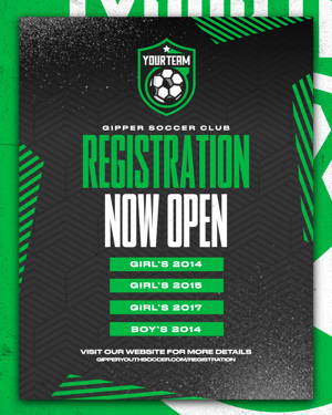 Gipper default registration template with "Registration Now Open" tile text, and four different age groups that are open for soccer registration