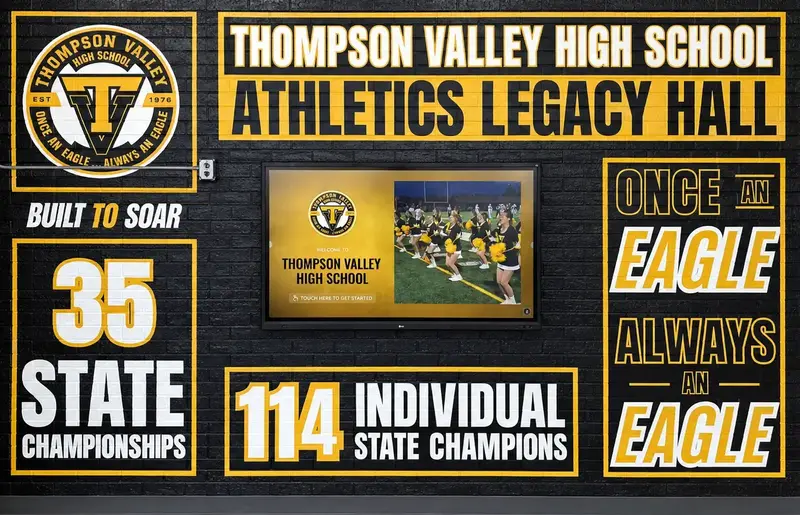 Straight-on view of Thompson Valley High School’s Athletics Legacy Hall, featuring a black brick wall with gold-and-white graphics, school logos, championship achievements, historical plaques, and a centrally mounted touchscreen displaying school athletics content.