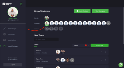 Image of Gipper Workspaces page showing an expanded line of profile pictures under the "roles" section at the top of the page.