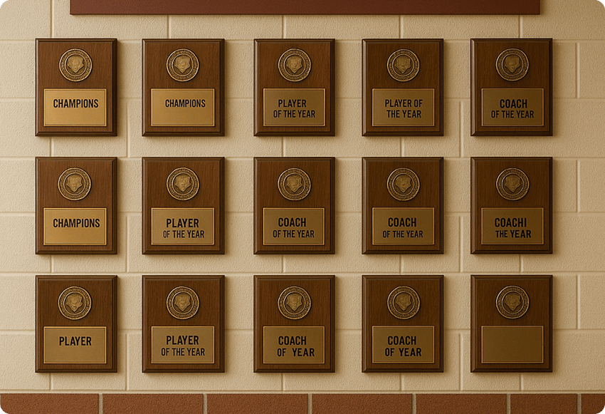 wall of plaques showing why to modernize high school hall of fame