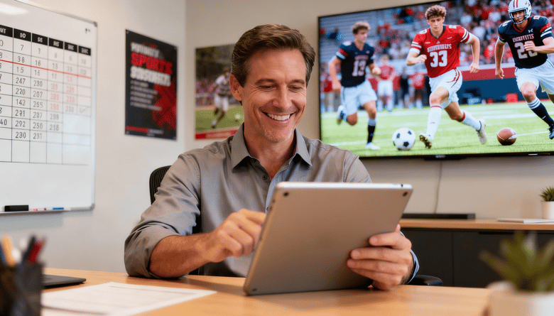 Athletic director reviewing social media analytics for high school athletic program marketing strategy