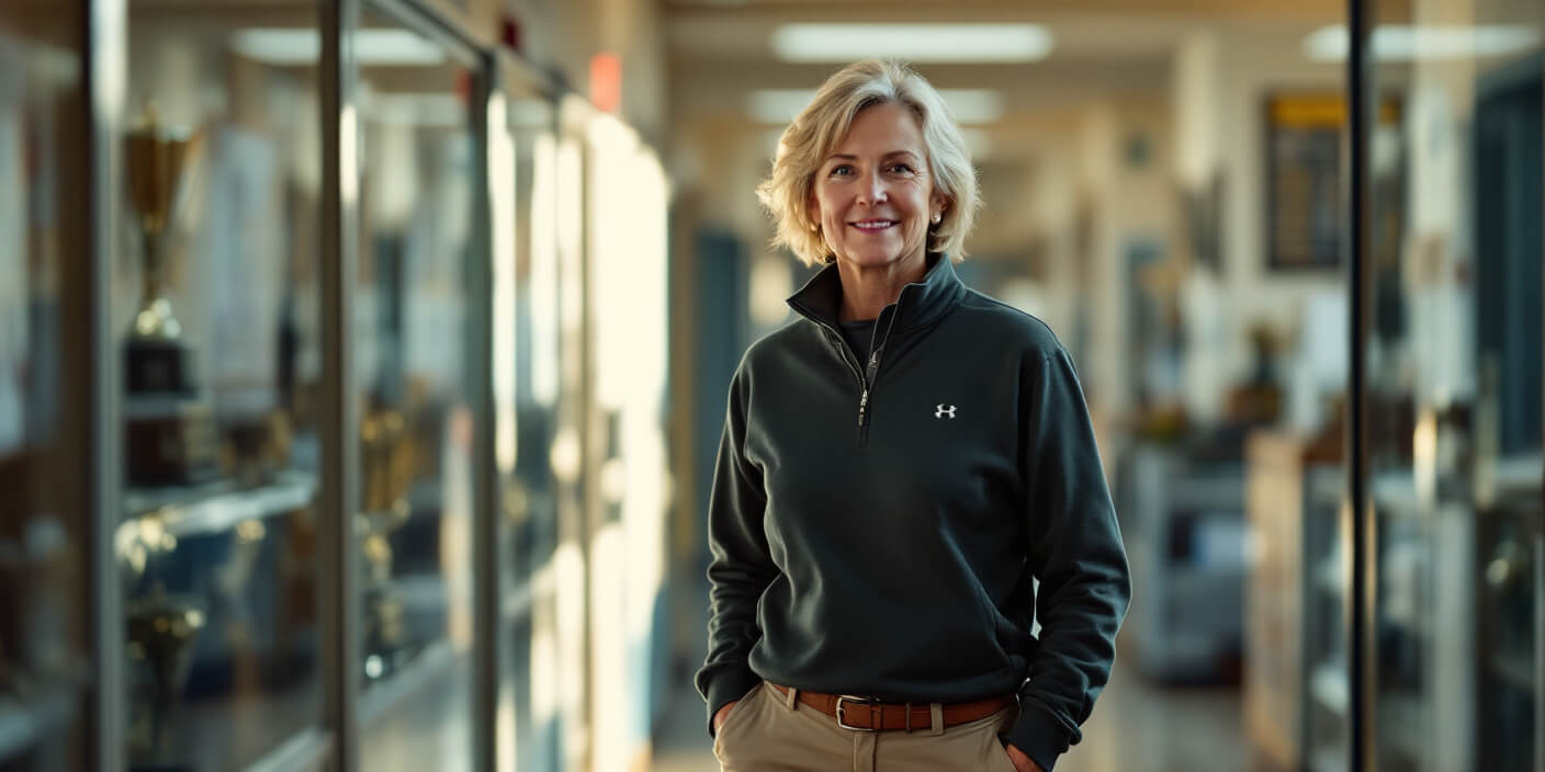 Photo of a high school athletic director standing by her trophy cases.