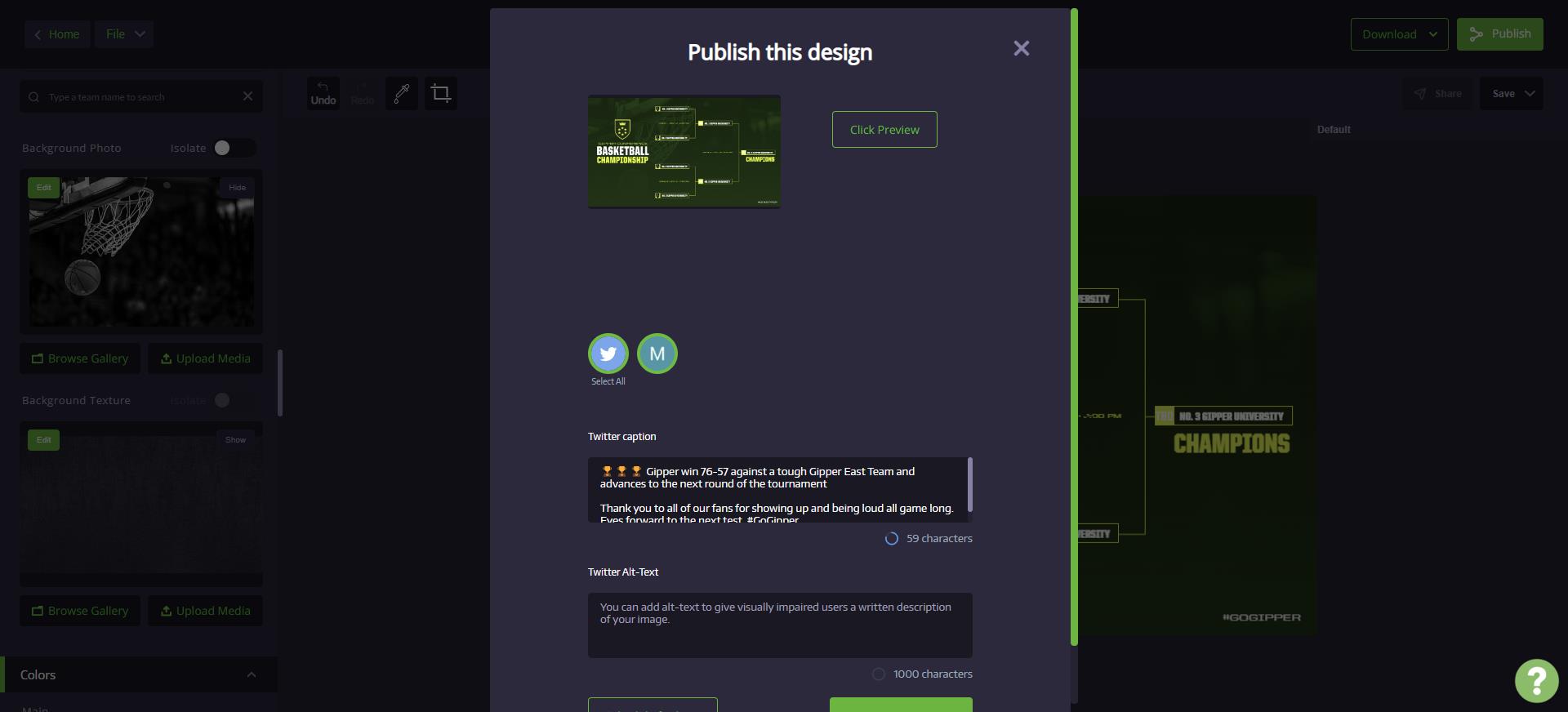 social media publisher showing bracket graphic being published with captions about the bracket graphic post.
