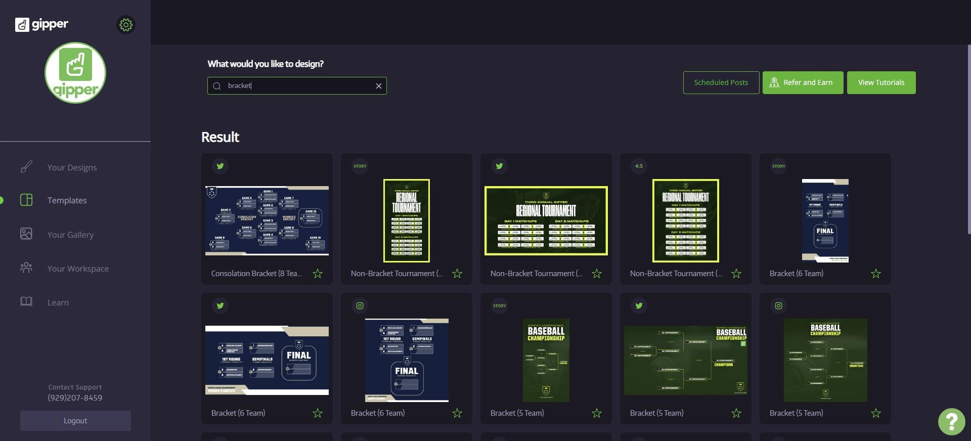 template dashboard showing bracket graphic templates for users to choose what they want to create
