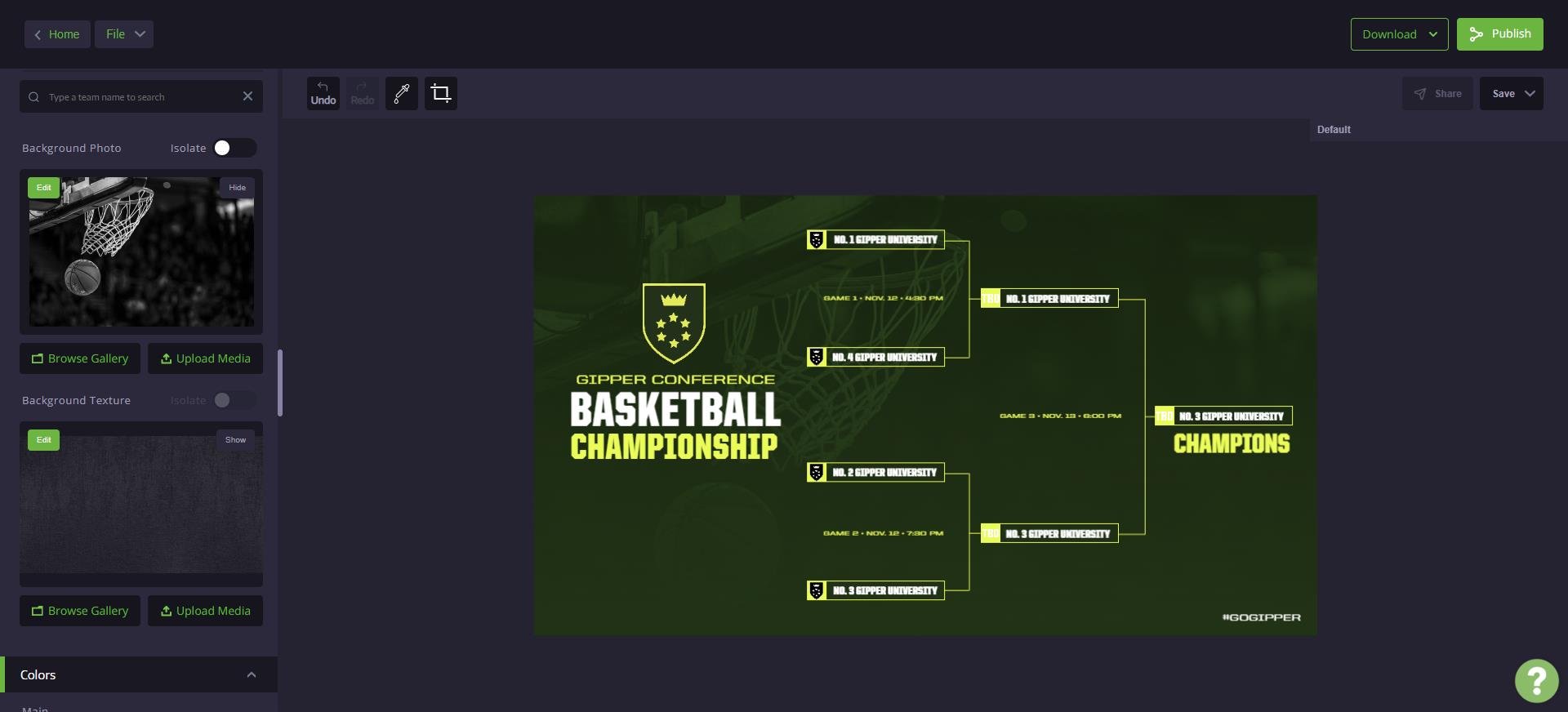 template editor showing bracket graphic where user can change color, text, and images to match their branding
