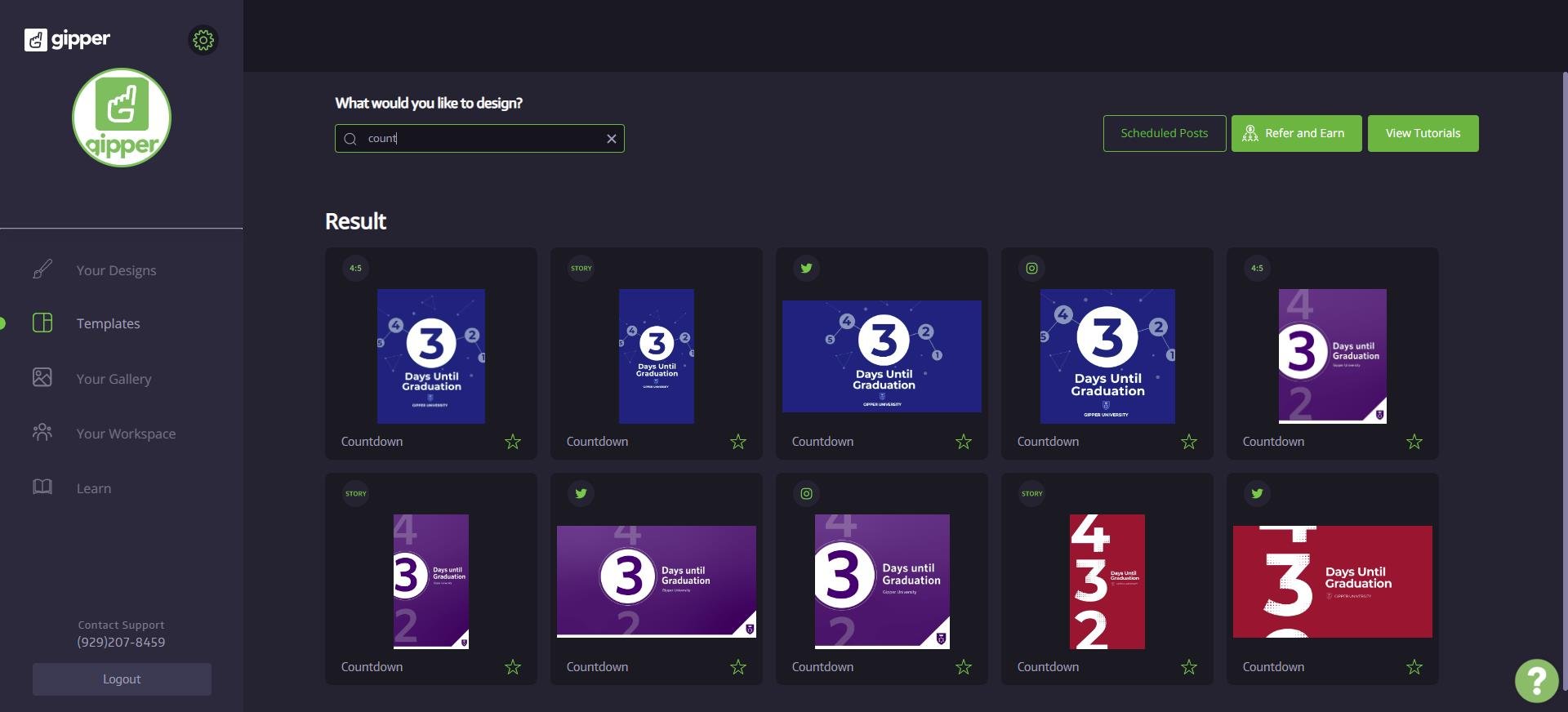 template dashboard showing countdown graphic templates for users to choose what they want to create
