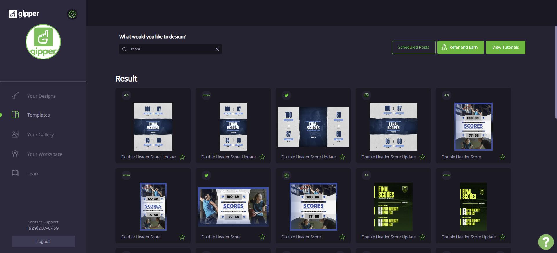 template dashboard showing final score graphic templates for users to choose what they want to create
