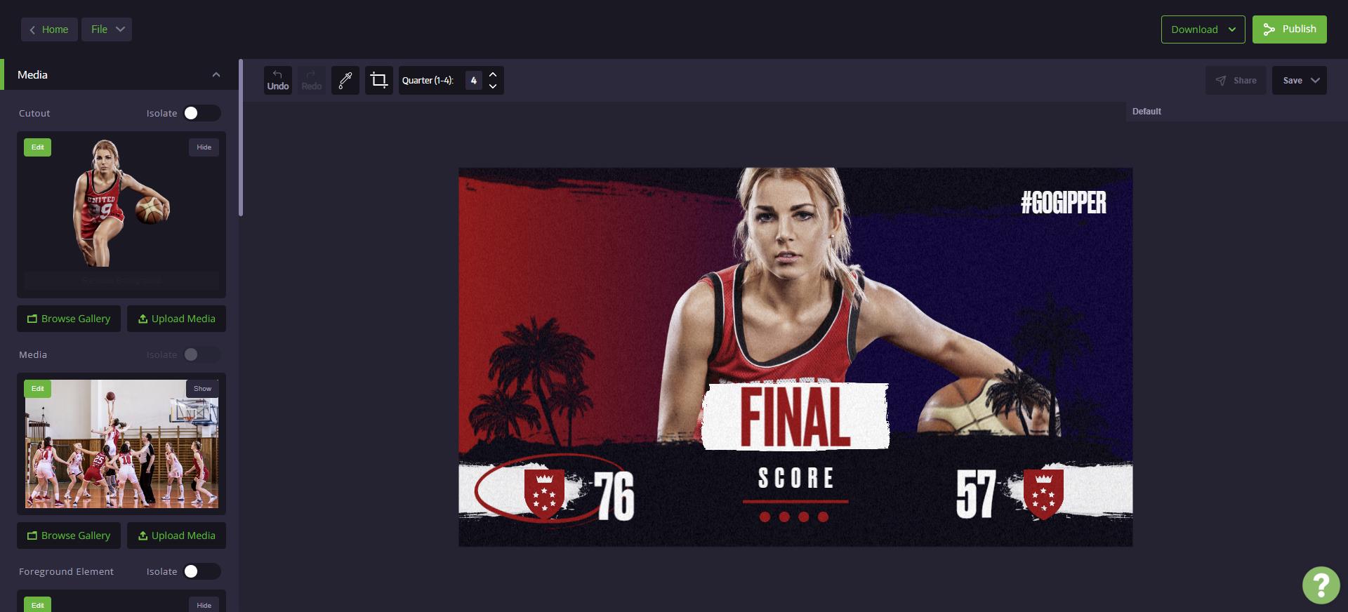 template editor showing final score graphic where user can change color, text, and images to match their branding
