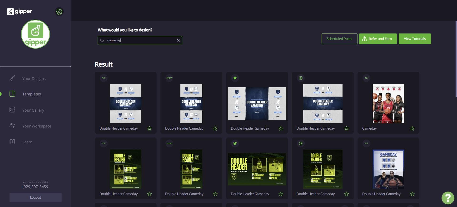 template dashboard showing gameday graphic templates for users to choose what they want to create
