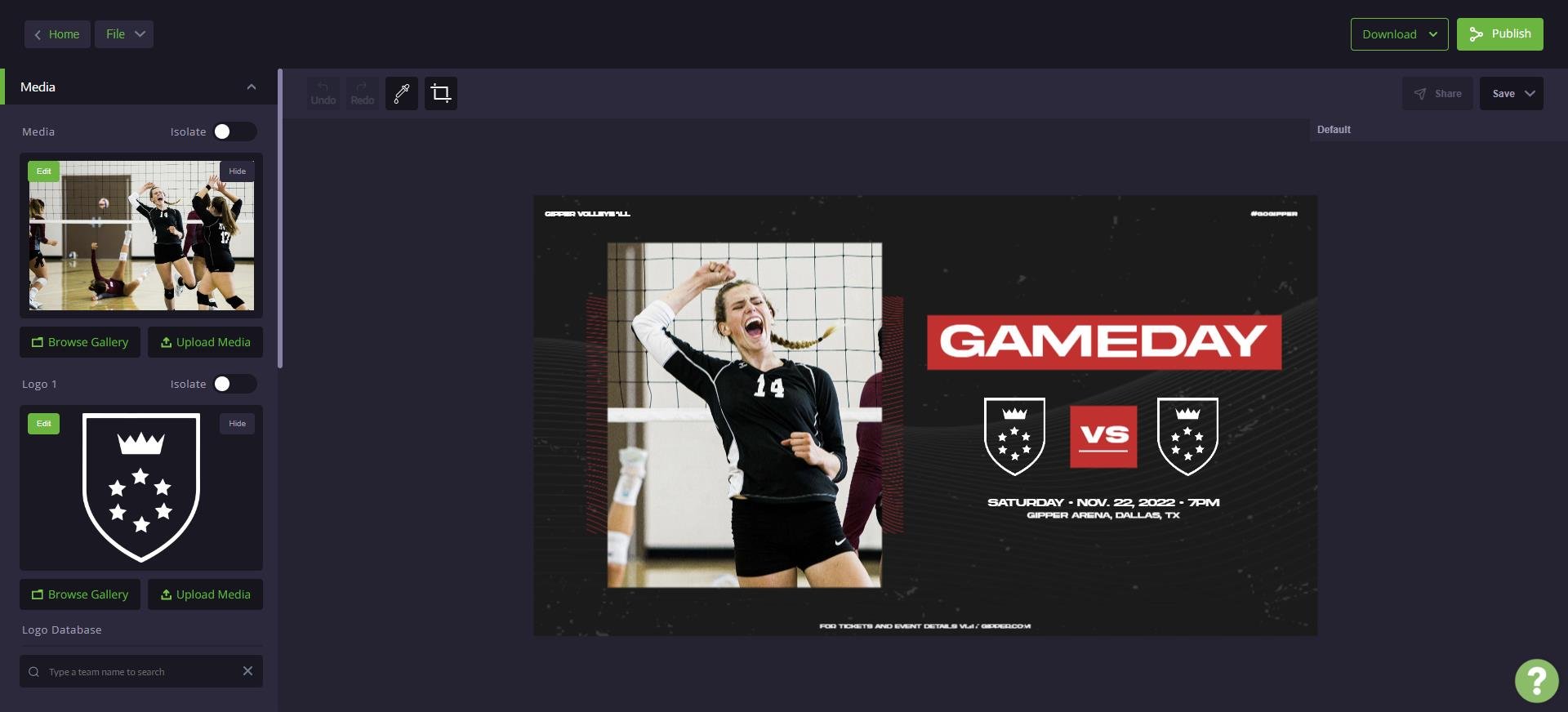 template editor showing gameday graphic where user can change color, text, and images to match their branding
