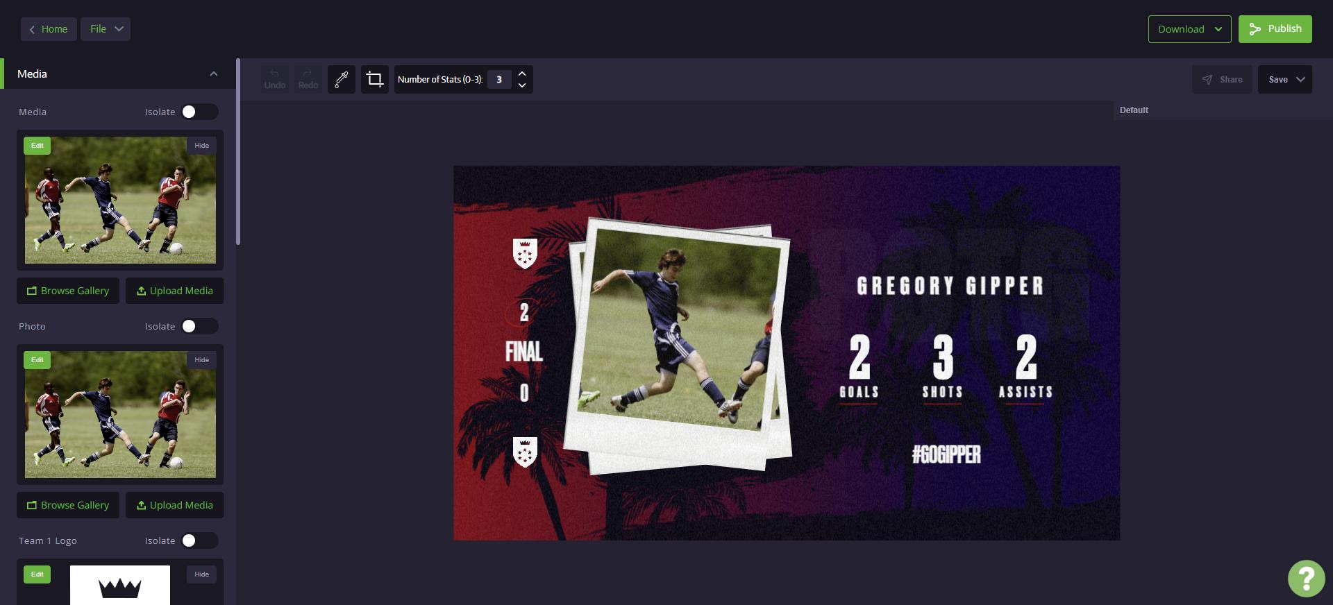 template editor showing player of the week graphic where user can change color, text, and images to match their branding
