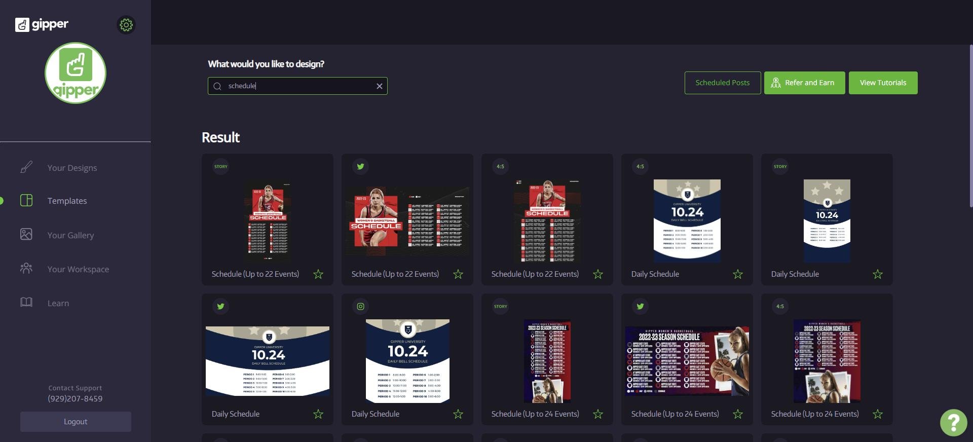 template dashboard showing season schedule graphic templates for users to choose what they want to create
