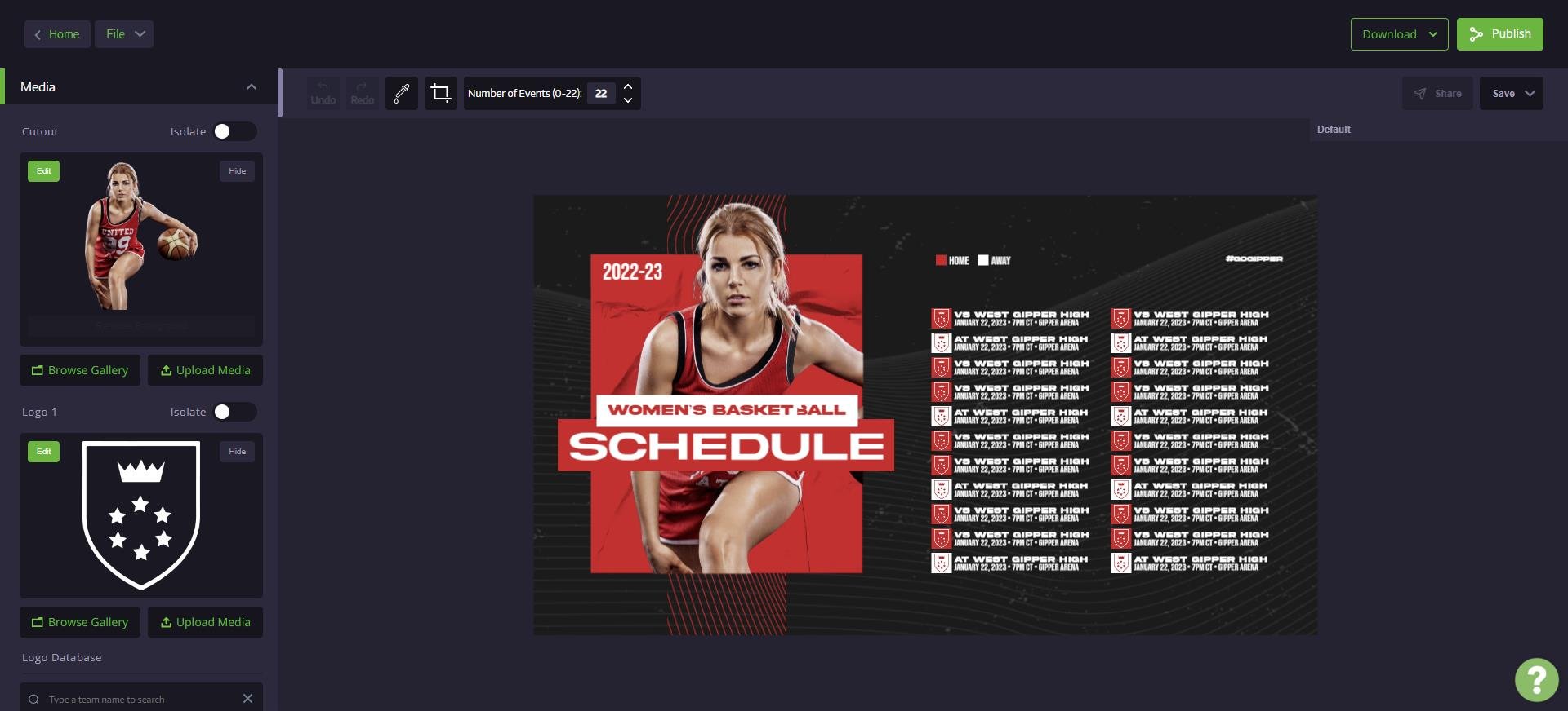 template editor showing schedule graphic where user can change color, text, and images to match their branding
