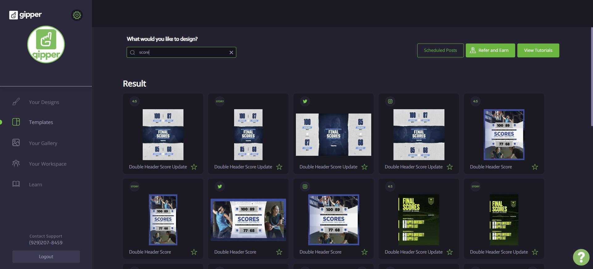 template dashboard showing scoreboard graphic templates for users to choose what they want to create
