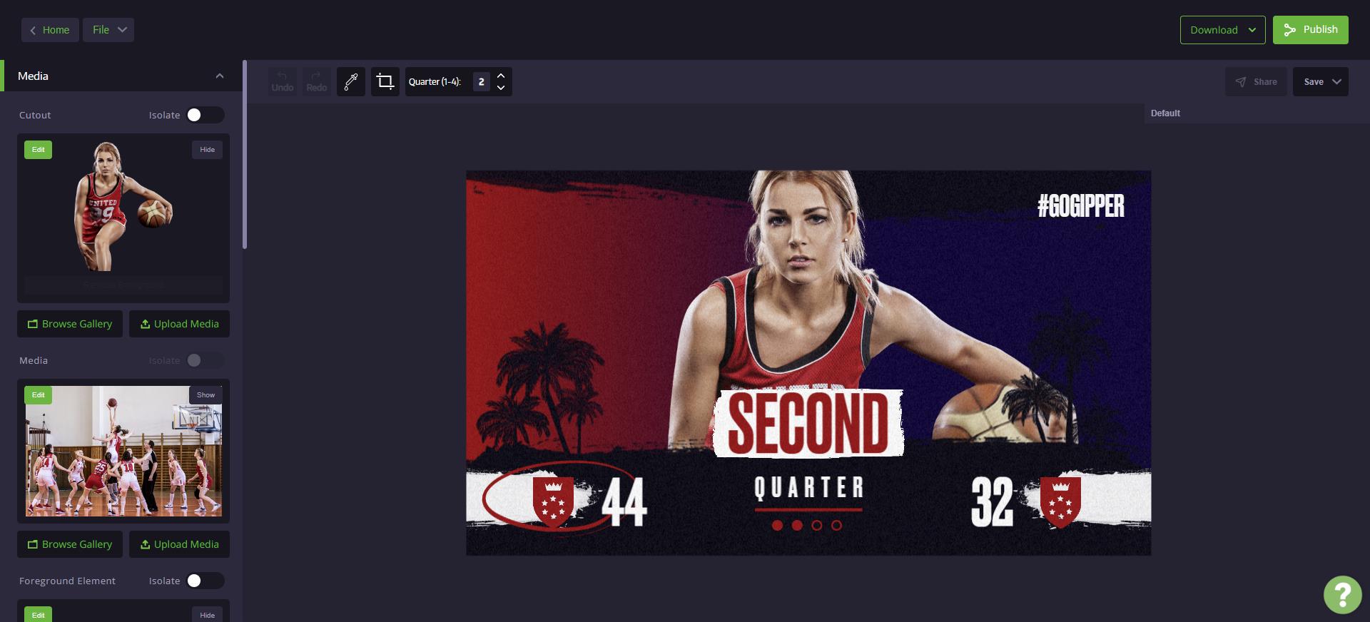 template editor showing scoreboard graphic where user can change color, text, and images to match their branding
